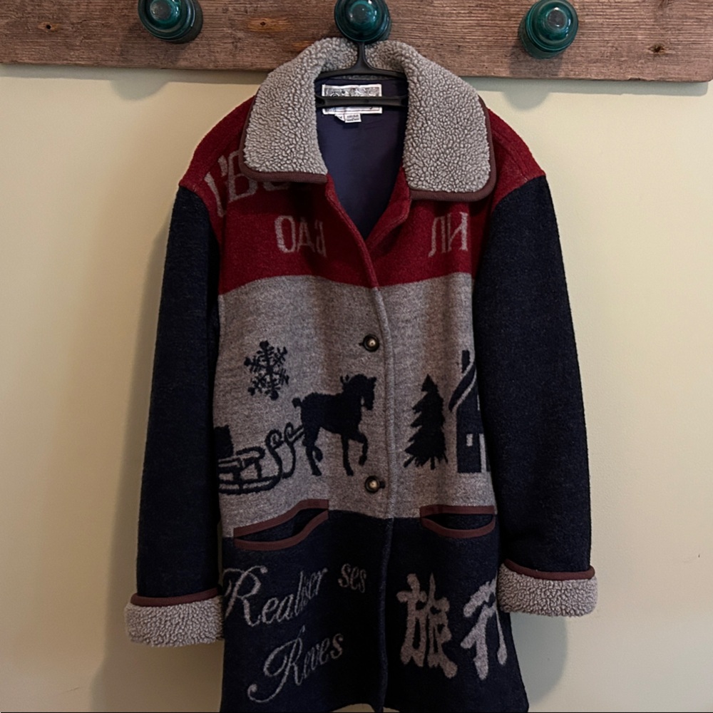 Wool Coat, Vintage Boho Gallery Navy and Burgundy Graphic Coat